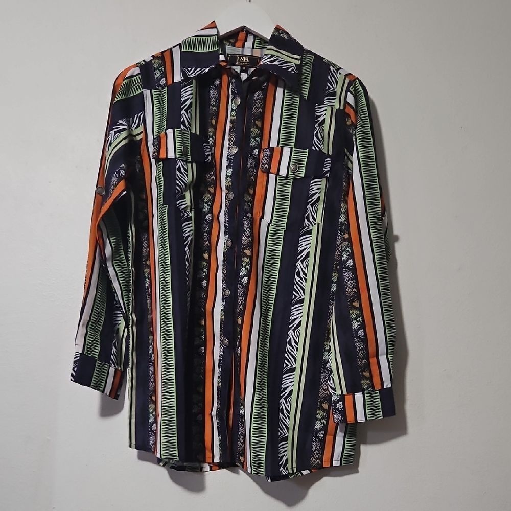 L&B Women's Striped Button Down Shirt - Orange, Green, Black